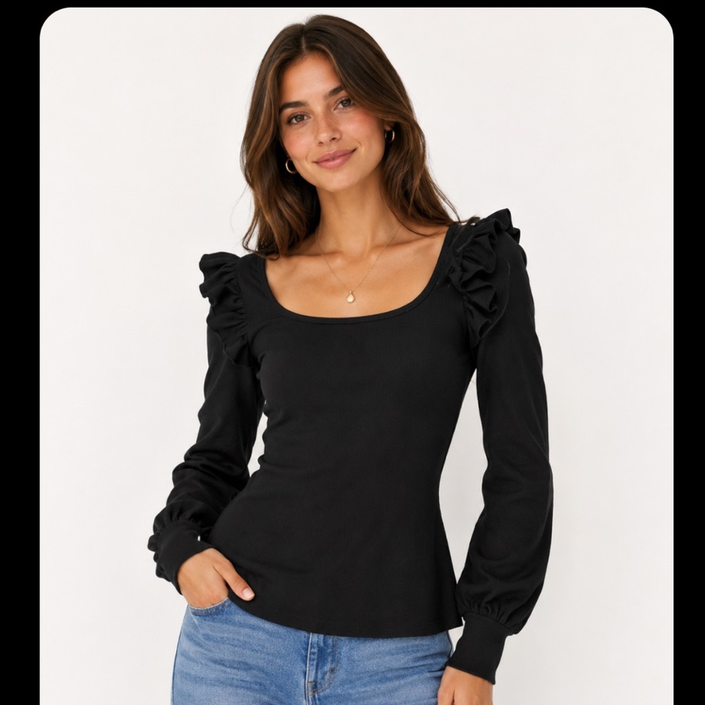 Anthropologie Ribbed Black Balloon Ruffle-Sleeve Scoop Neck Long-Sleeve Top S